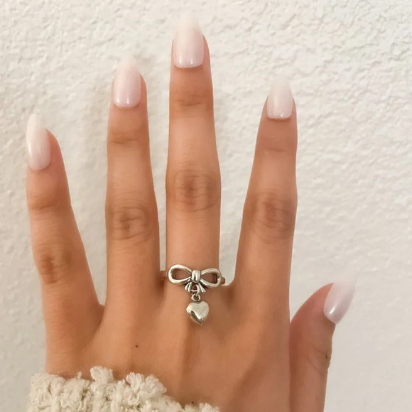 925 Sterling Silver Dangle Heart Ring Heart Charm Ring Minimalist Dainty Ring - Picture 2 of 10